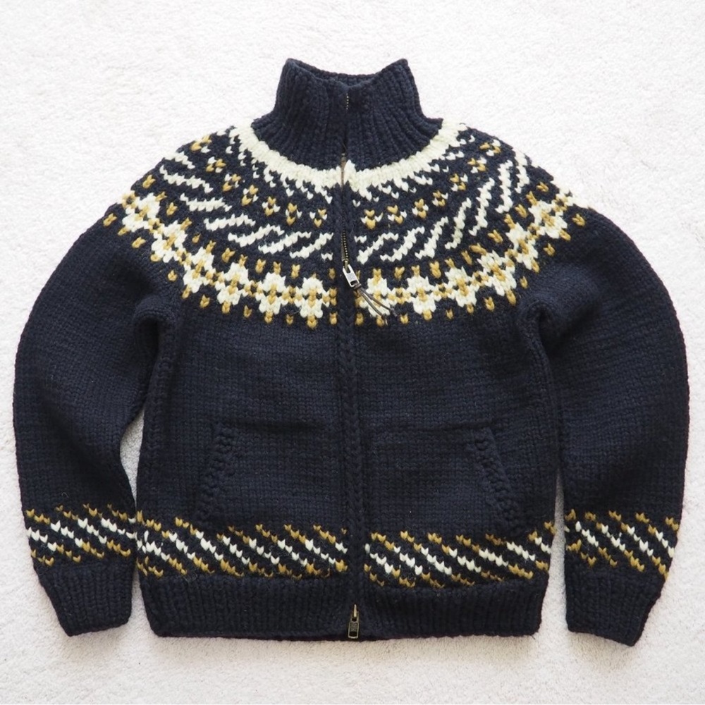 ISO IN SEARCH OF Filson Handmade Fair Isle Sweater Cardigan Black Gold Cream S/M